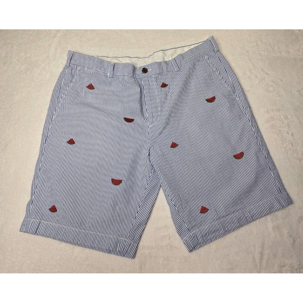 Brooks Brothers Shorts Mens 40 Blue Striped Watermelon Print Flat Front Chinos
